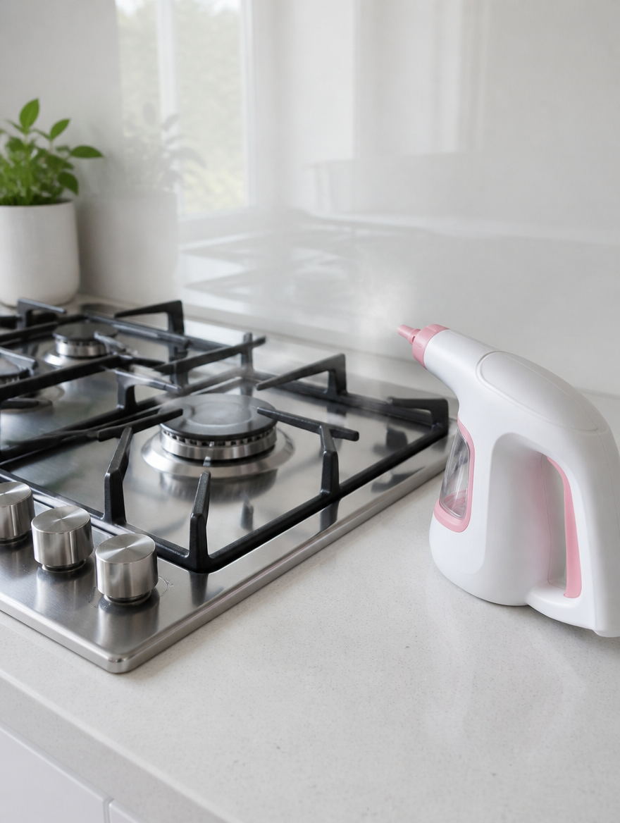 Steamly Pro cleaning a greasy kitchen hob spotless
