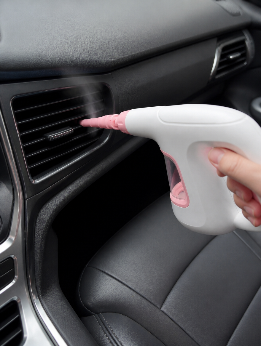 Steamly Pro steaming a car seat and dashboard vents clean