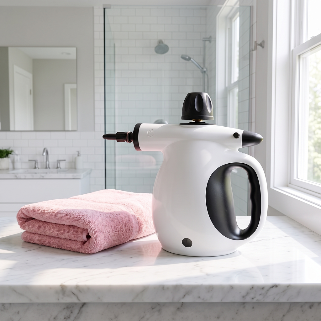 Steamly Pro handheld steam cleaner resting on a bathroom counter