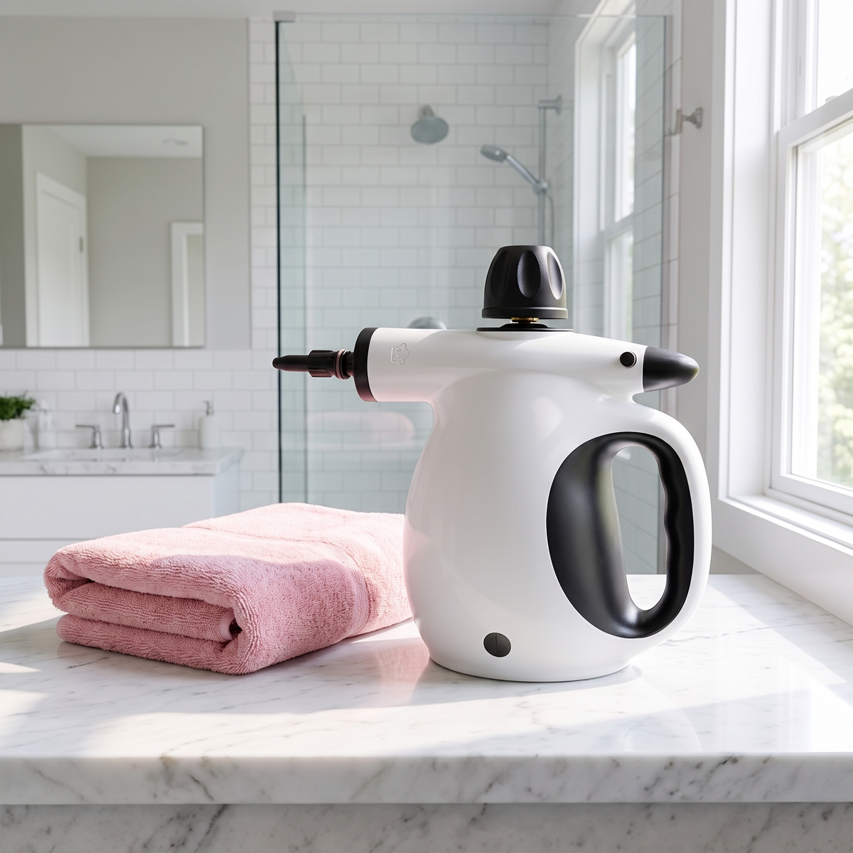 Steamly Pro handheld steam cleaner resting on a bathroom counter