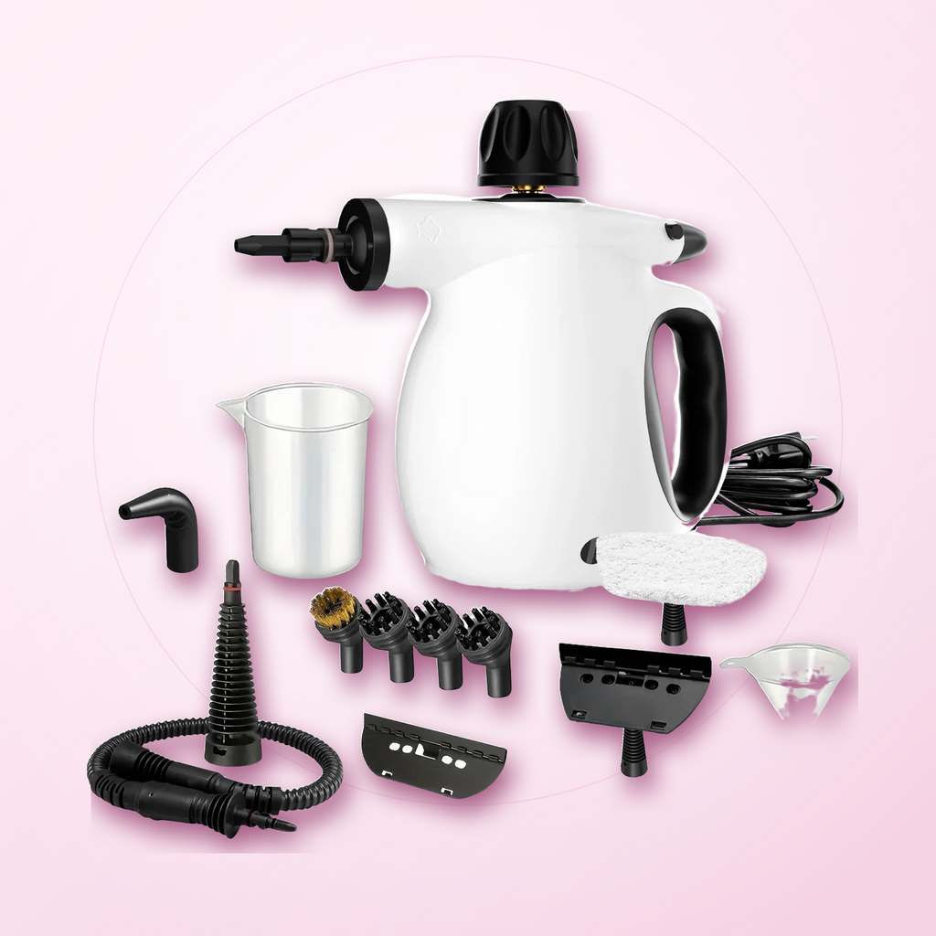 Steamly Pro handheld steam cleaner with full 12-piece accessory kit, measuring cup, funnel and hose