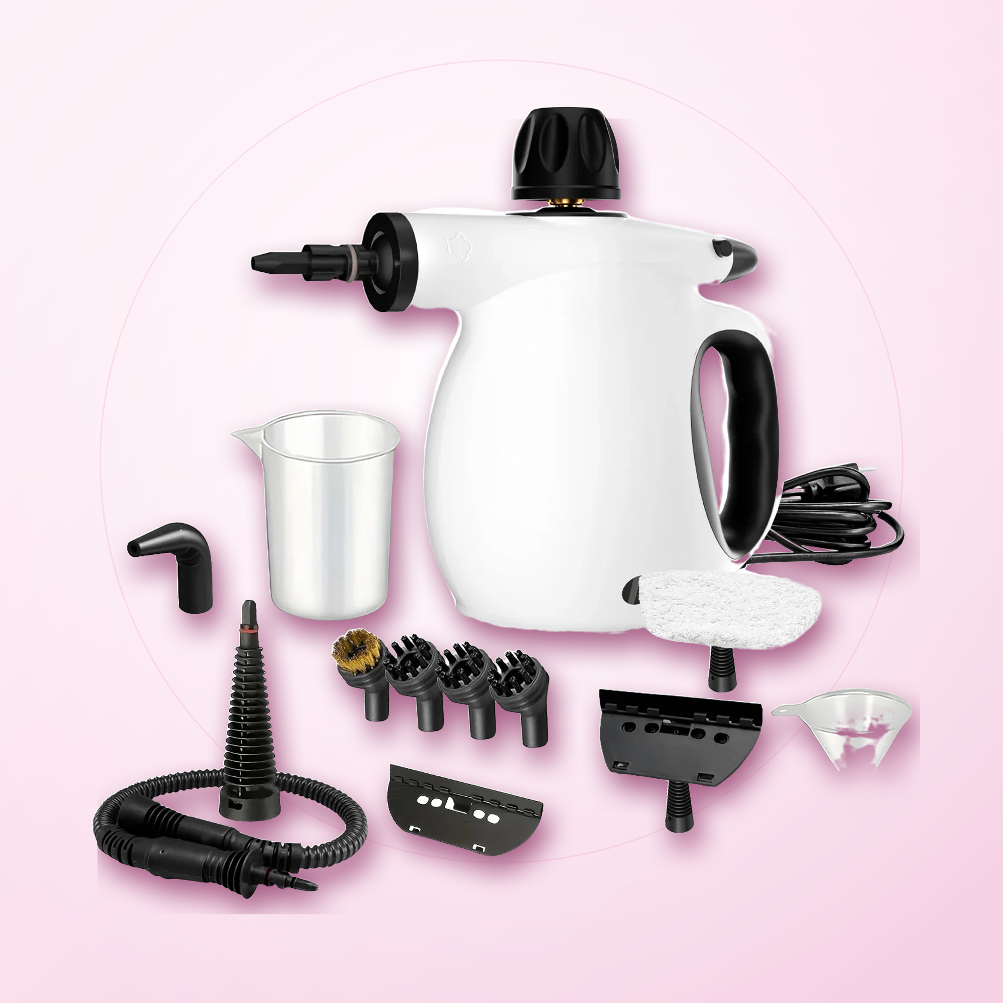 Steamly Pro handheld steam cleaner with full 12-piece accessory kit, measuring cup, funnel and hose